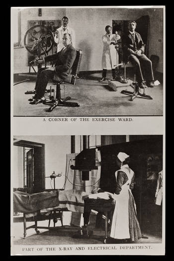 Postcards showing a corner of the excercise ward and part of the electrical and x-ray department.